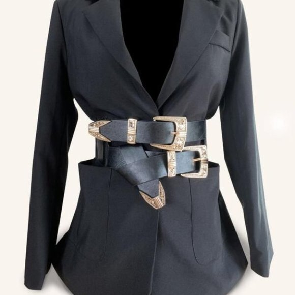 Black Double Textured Metal Buckle Belt - Picture 2 of 6